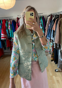 Pastel Green Silk Vest with Lace Trim
