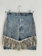 Load image into Gallery viewer, Snow Wash Leather Fringe Denim Skirt