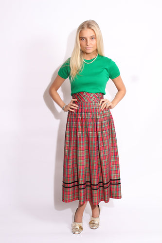 Tartan Full Midi Skirt Velvet Stripe