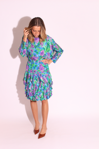 Floral Print Ruffles Silk Dress