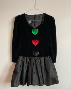 Black Sequin Heart Velvet Dress 80s