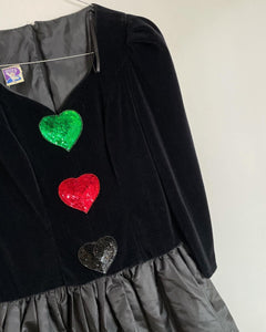 Black Sequin Heart Velvet Dress 80s