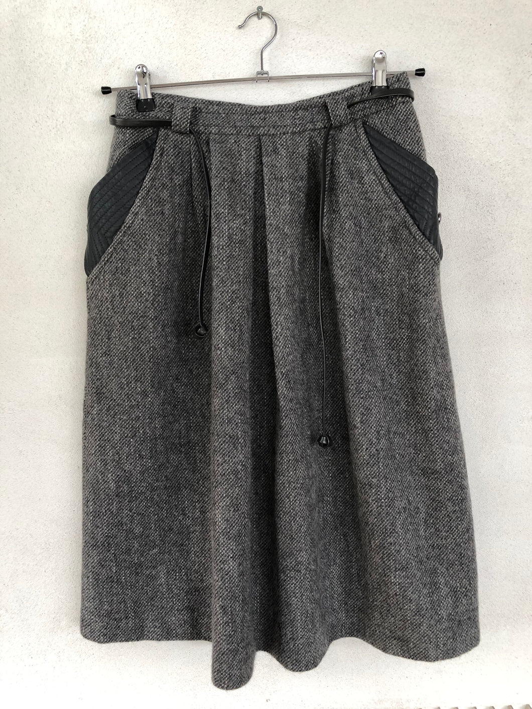 Gray Wool Midi Skirt With Leather Detail