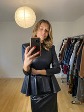 Load image into Gallery viewer, Black Faux Leather Peplum 80s Dress