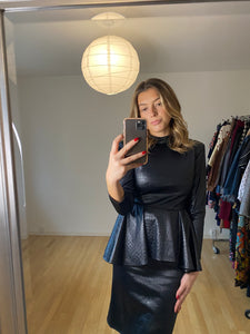 Black Faux Leather Peplum 80s Dress