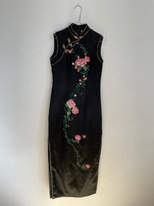 Floral Embroidery Black Silk Dress