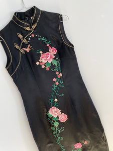 Floral Embroidery Black Silk Dress