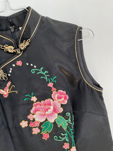 Floral Embroidery Black Silk Dress