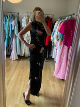 Load image into Gallery viewer, Floral Embroidery Black Silk Dress