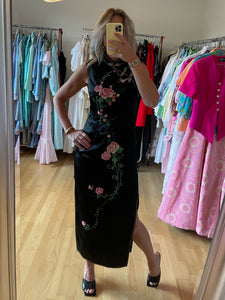 Floral Embroidery Black Silk Dress