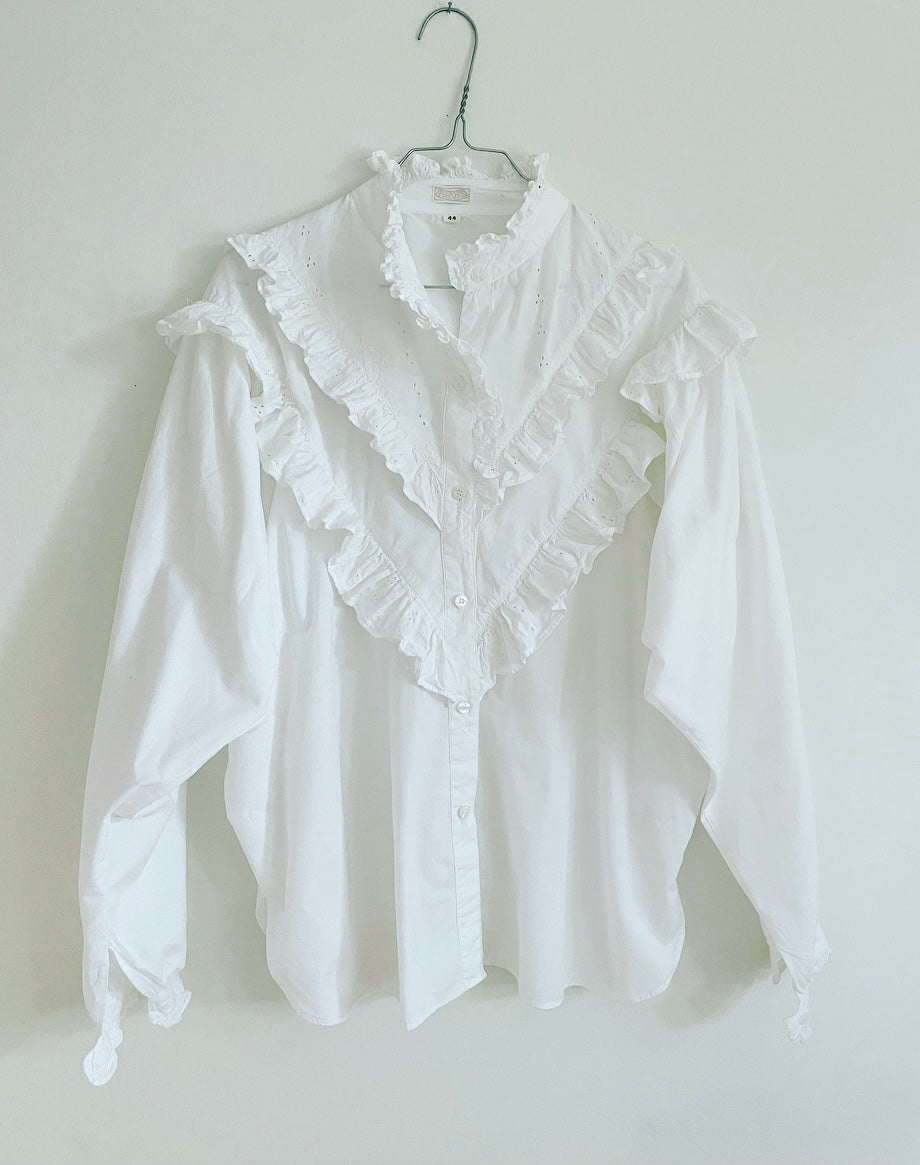 White Cotton Lace Ruffles Shirt