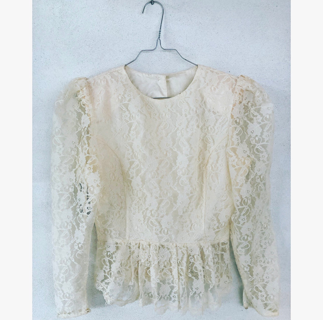 Lace Puff Sleeves Peplum 80s Shirt